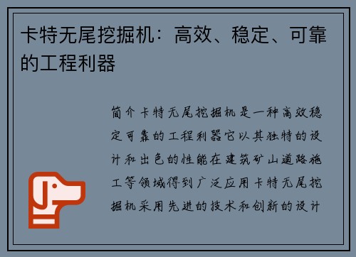 卡特无尾挖掘机：高效、稳定、可靠的工程利器